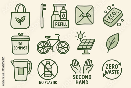 Eco-friendly icons: sustainability with zero waste, no plastic, and renewable energy