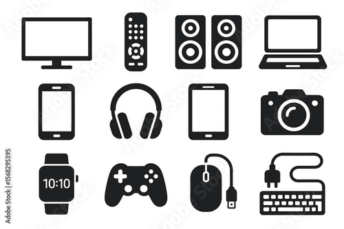 Set of electronic device icons including tv, laptop, smartphone, camera, and more
