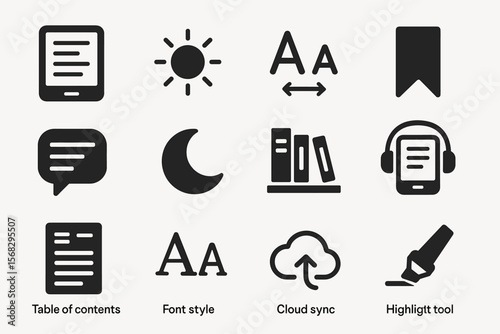 E-reader icons including table of contents, font style, cloud sync, highlight tool