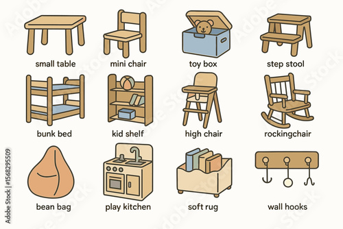 Children's furniture and toys: small table, mini chair, toy box, and more