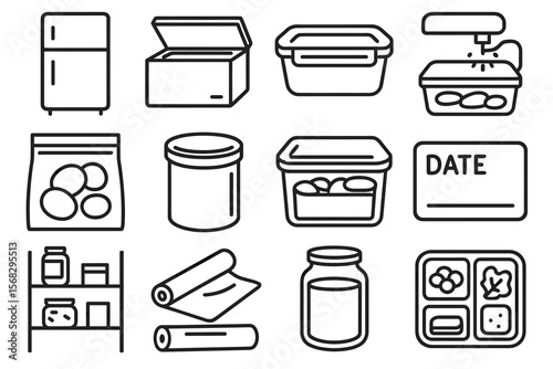 Line icons of food storage containers and preservation items