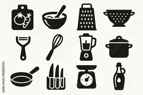 Silhouettes of essential kitchen tools and utensils for cooking and baking
