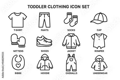 Toddler clothing icons: t-shirt, pants, socks, cap, mittens, shoes, jacket, romper, bib, hoodie, overalls, underwear