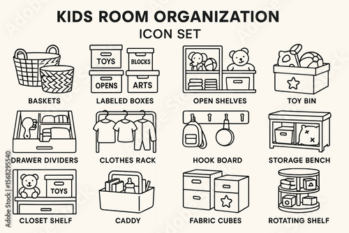 Kids room organization icons: baskets, shelves, and storage solutions