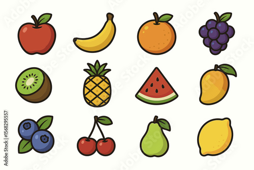 Colorful cartoon fruit collection with apple banana orange grapes and more
