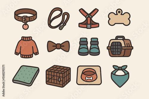 Collection of cartoon pet accessories including collar, leash, bowtie, carrier, sweater, harness