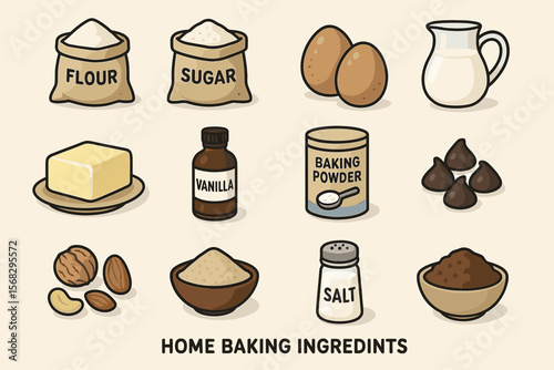 Essential ingredients for home baking with flour, sugar, eggs, and more