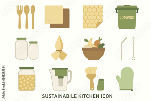 Sustainable kitchen essentials icons: compost, utensils, jars, eco-friendly items