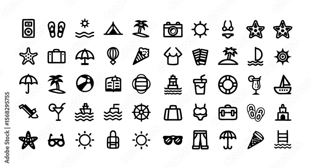 Obraz premium Summer Vacation Icon Set – Outline Vector Illustration of Beach, Travel, Tourism, Holiday, and Tropical Elements