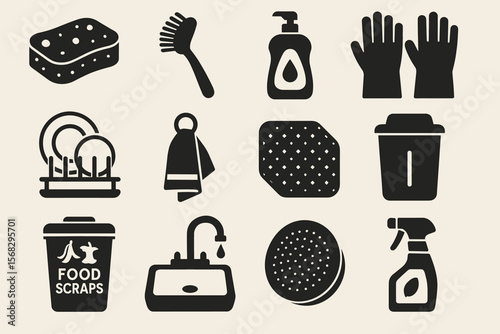 Set of black kitchen cleaning icons including sponge, brush, gloves, soap, and bin