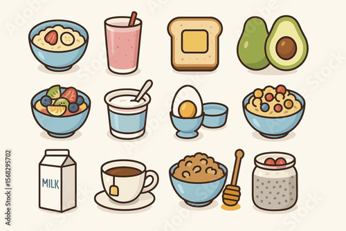 Colorful breakfast foods illustrations featuring fruits, toast, avocado, and beverages