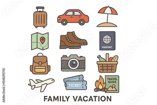 Family vacation essentials: travel icons including car, passport, and camera