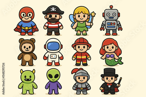 Cute cartoon characters in various costumes and roles