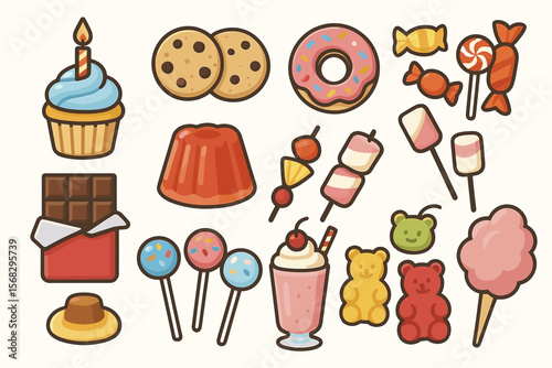 Colorful assortment of delicious sweets and treats with cupcake and candy collection