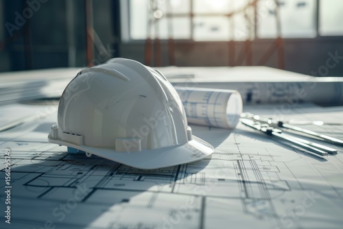 White hardhat is lying on construction plans on a table, tools are spread around it