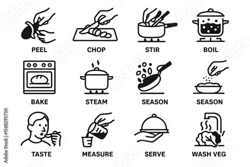 Illustration of cooking techniques and kitchen actions: peel, chop, stir, boil, bake, steam, season
