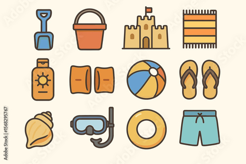 Colorful beach icons: sandcastle, sunbathing essentials, and fun summer items