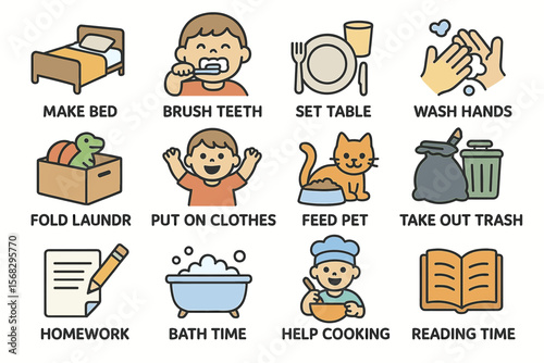 Illustrated daily routine tasks for children with chores and hygiene practices