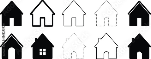 Set of House Icons in Solid, Outline, and Dashed Styles – Real Estate, Architecture, and Home Symbol Vector Illustration