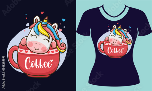 Adorable unicorn enjoying coffee in a red mug with hearts and colorful mane vector