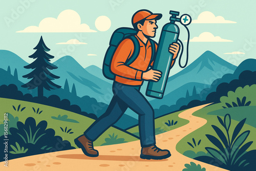 Flat Vector Illustration of Determined Man Hiking with Portable Oxygen Tank on Scenic Trail