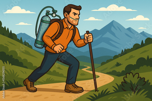 Flat Vector Illustration of Determined Man Hiking with Portable Oxygen Tank on Scenic Trail