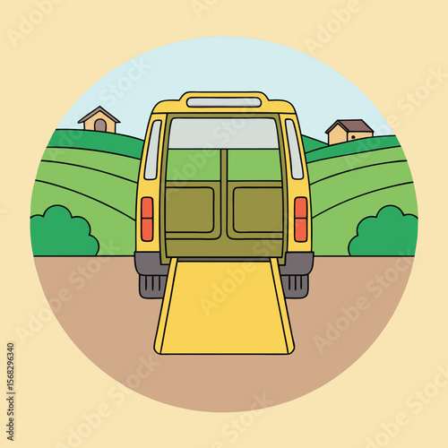 Yellow van with ramp in rural landscape vehicle transportation