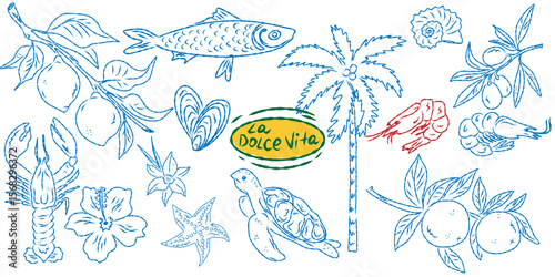 Whimsical hand drawn sketch set inspired by Mediterranean lifestyle. Includes food, drinks, flowers, summer decor and travel elements. Perfect for branding, packaging, prints, and stickers.