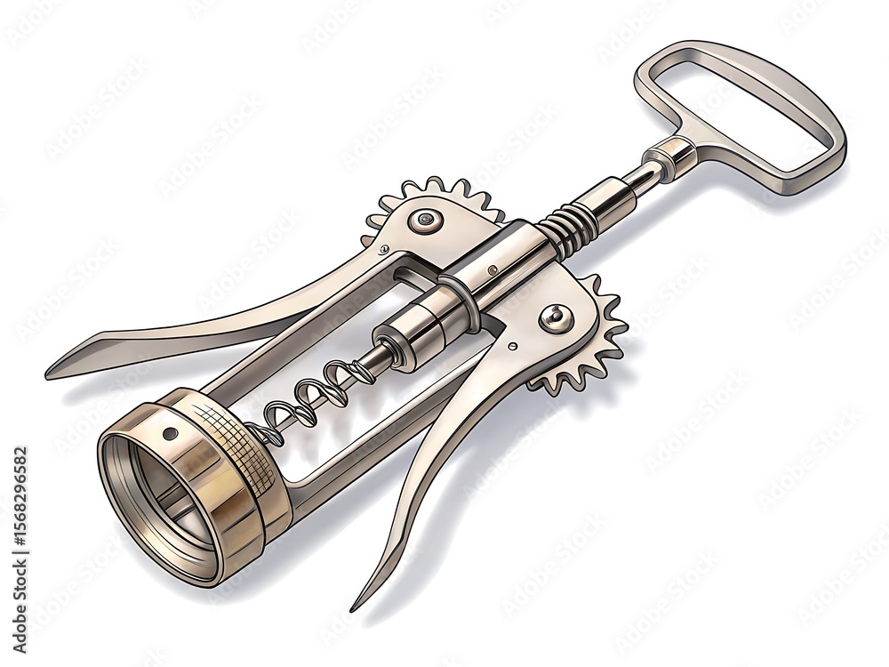 A silver winged corkscrew with gears and a handle on a white background in a detailed illustration ai generated A silver winged corkscrew with gears and a handle on a white background in a detailed illustration ai generated