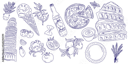 Whimsical hand drawn sketch set inspired by Mediterranean lifestyle. Includes food, drinks, flowers, summer decor and travel elements. Perfect for branding, packaging, prints, and stickers.