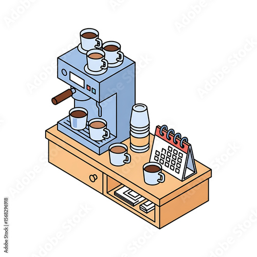 Coffee machine with cups and supplies in office space.