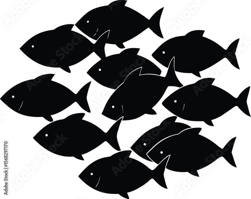School of Fish Silhouette Swimming Together in Formation