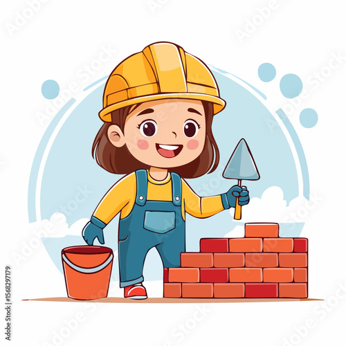 A child in gloves and a hard hat carefully stacks bricks to build a wall, demonstrating patience, skill, and enthusiasm for construction through hands-on activity