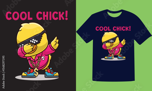Yellow chick dabbing wearing sunglasses pink jacket gold chain and sneakers dancing