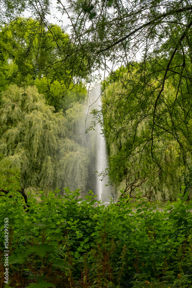 Obraz premium Majestic fountain surrounded by lush greenery in a serene park during a cloudy afternoon