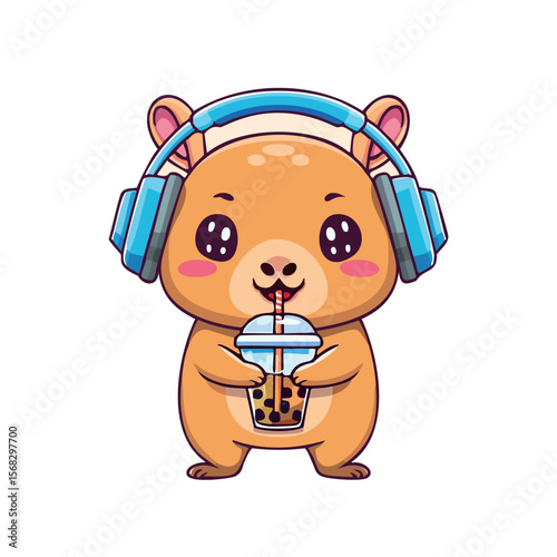 Modern chibi Capybara standing still, swaying side to side with headphones on, sipping a bubble tea