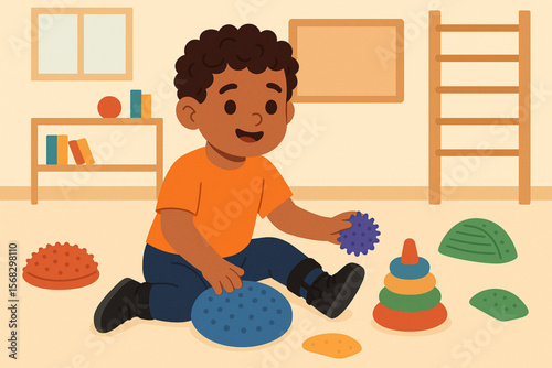 Flat Vector Illustration of Little Boy with Cerebral Palsy Playing with Sensory Toys in Therapy Room