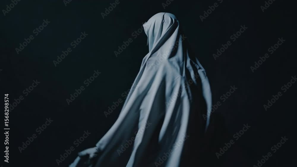 ghost evil skull figure white shroud floating dark background halloween horror spooky spectral apparition scary ethereal entity haunted motion video