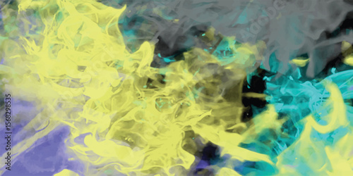 Artistic composition of abstract swirls and smoky forms featuring watercolor effects in bright yellow teal and purple hues