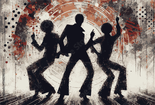 Silhouettes of dancers performing in a retro-styled scene, featuring vibrant colors and dynamic energy, embodying a celebration of music, movement, and vintage aesthetics