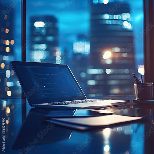 Modern workspace at night, city lights visible through window