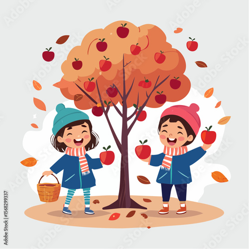Two children happily pick red apples from a tree and fill baskets, embracing seasonal harvest and learning about nature through fun, hands-on farm activity