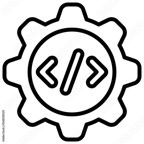 Dev Gear Outline Icon Vector Design - Gear with code symbol in center, representing software engineering or development configuration