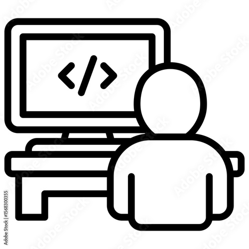 Developer Work Outline Icon Vector Design - Person working in front of a monitor with code on screen, symbolizing a software developer at work
