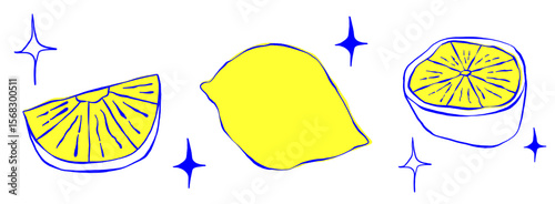Italy amalfi lemon set in hand drawn style. Whimsical lemon in blue and yellow color. Retro Italy summer fruit. Vector whimsical style
