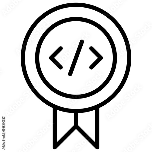 Code Badge Outline Icon Vector Design - medal or badge with code tag in the center, representing coding achievement or certification