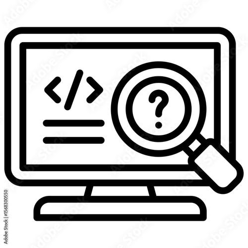Programming Help Outline Icon Vector Design - computer monitor with code and magnifying glass showing a question mark, symbolizing coding support or programming troubleshooting assistance
