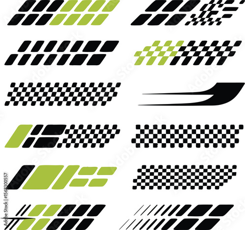 Dynamic set of racing car decals in various shapes and checkerboard patterns