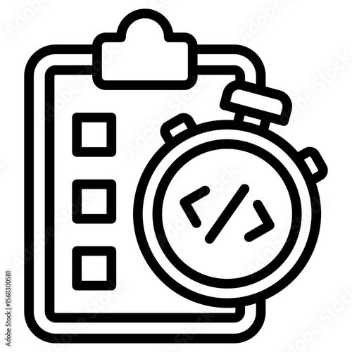 Code Task Outline Icon Vector Design - checklist clipboard with stopwatch and code tag, symbolizing a coding task with a deadline or sprint