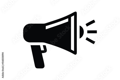 Black silhouette of a megaphone icon emitting sound waves representing announcement or communication on a white background